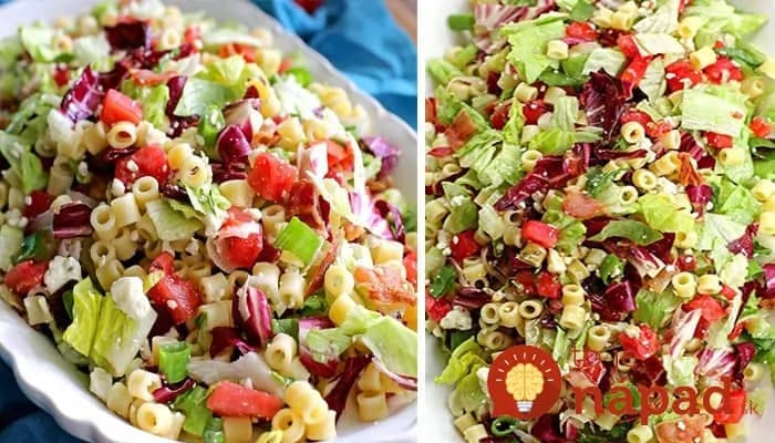 Zeleninový šalát s cestovinami, mäsom a syrom