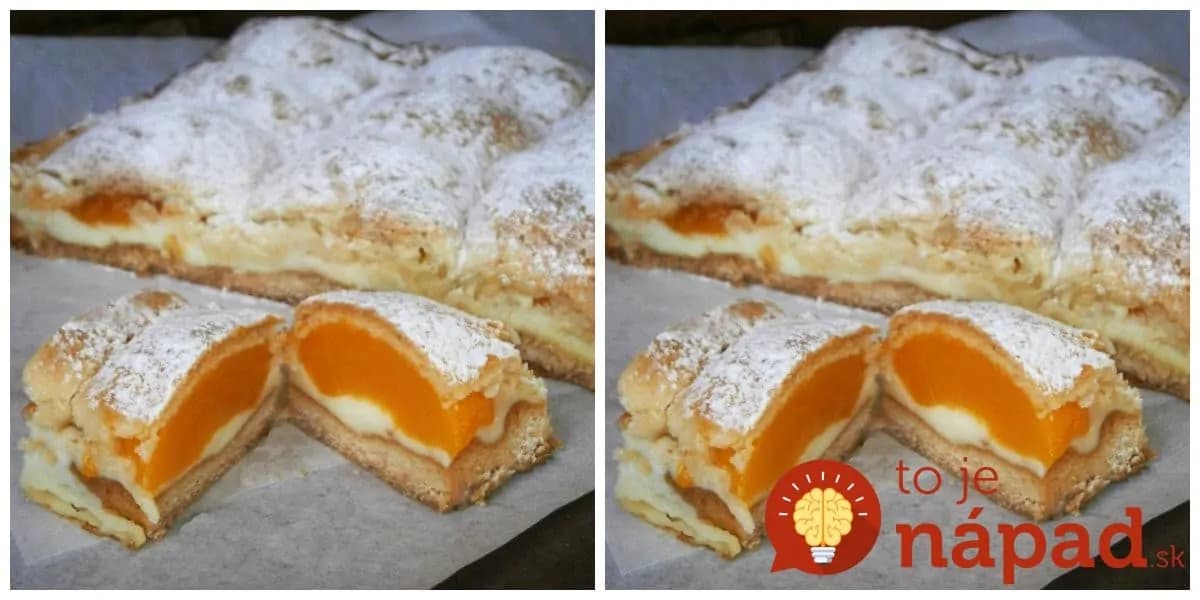 Top hrnčekový dezert: Fantastický koláč “Broskyňová perinka” – krehké cesto, ovocie a vanilkový puding!