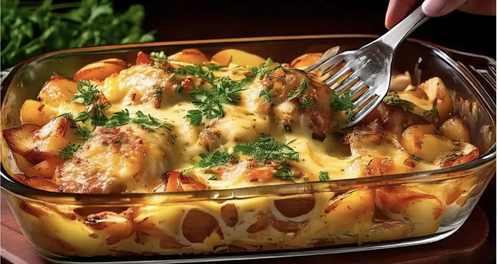 Kuracie stehná so zemiakmi zapečené v šľahačke: Všetko v jednom pekáči!