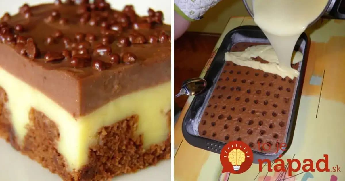 Úžasný pudingový koláč: Stačí urobiť pár dierok do piškóty, zaliať pudingom a máte hotovo – výborný recept!