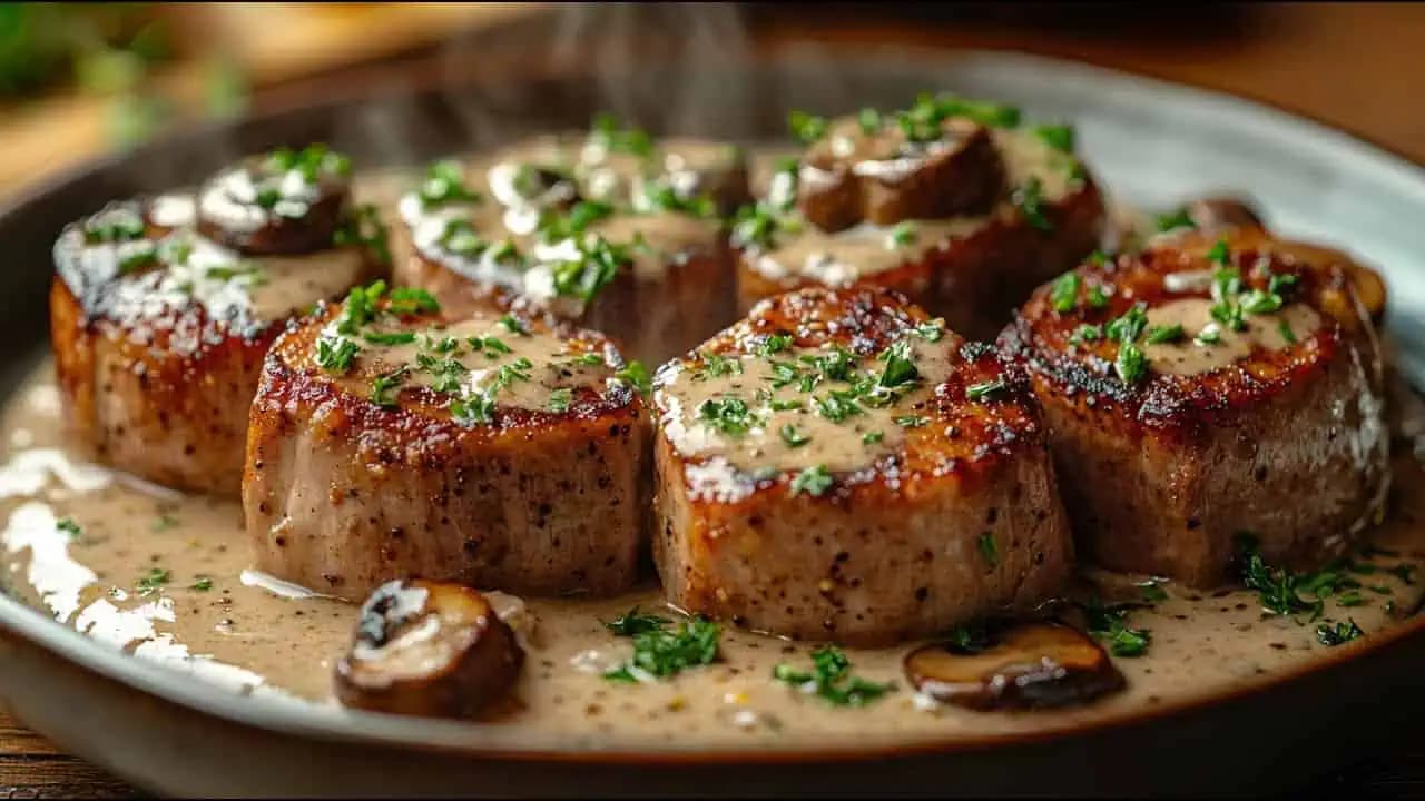 Jemná bravčová panenka v krémovej horčicovej omáčke s hubami