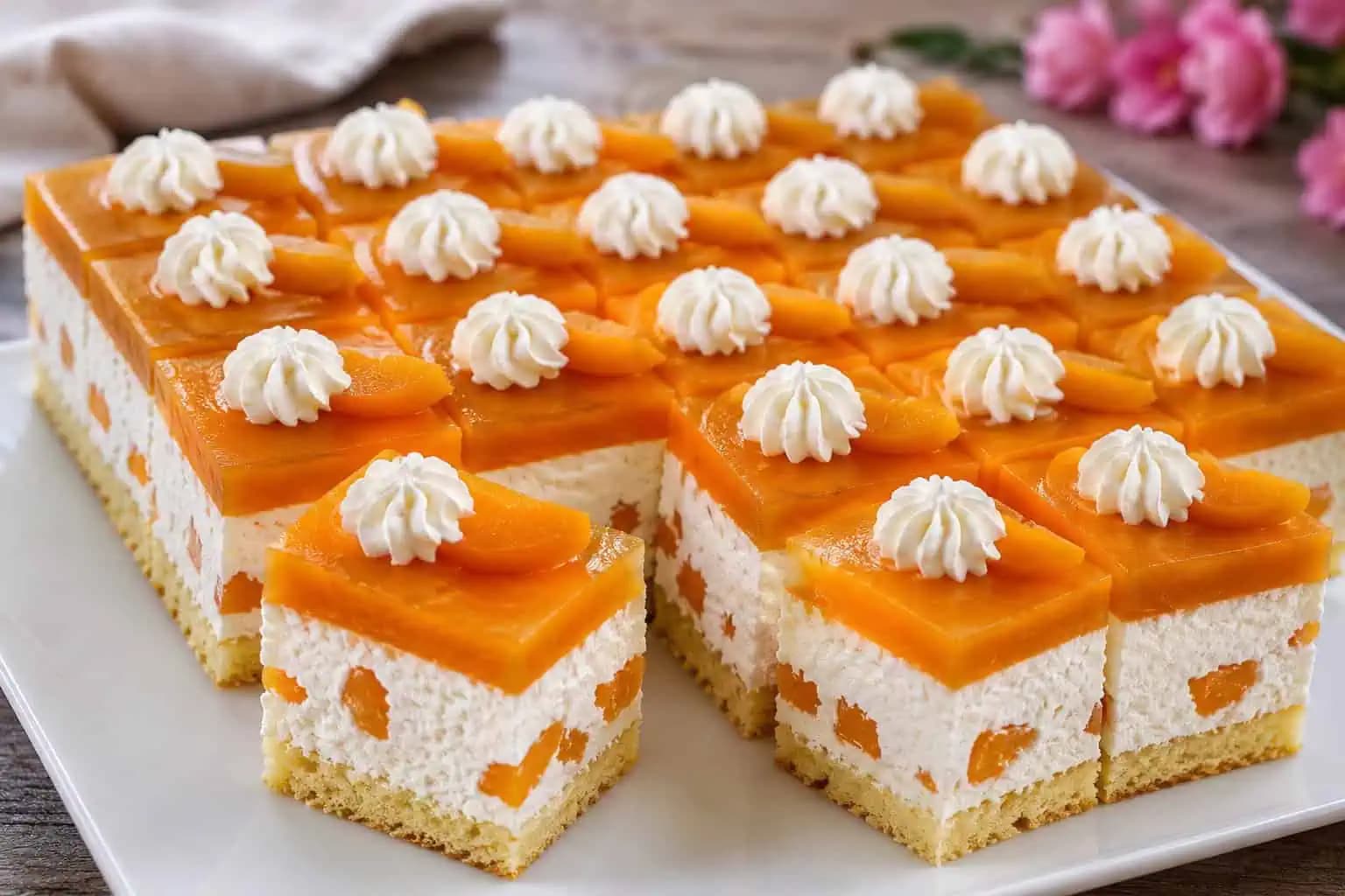 Broskyňový tvarohový zákusok: Jemný krém, šťavnaté broskyne a nádherná broskyňová vrstva!