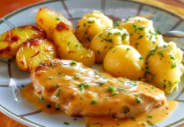 Cesnakové kuracie prsia na smotane s rozmarínovými zemiakmi: Šťavnaté mäso a jemná krémová omáčka